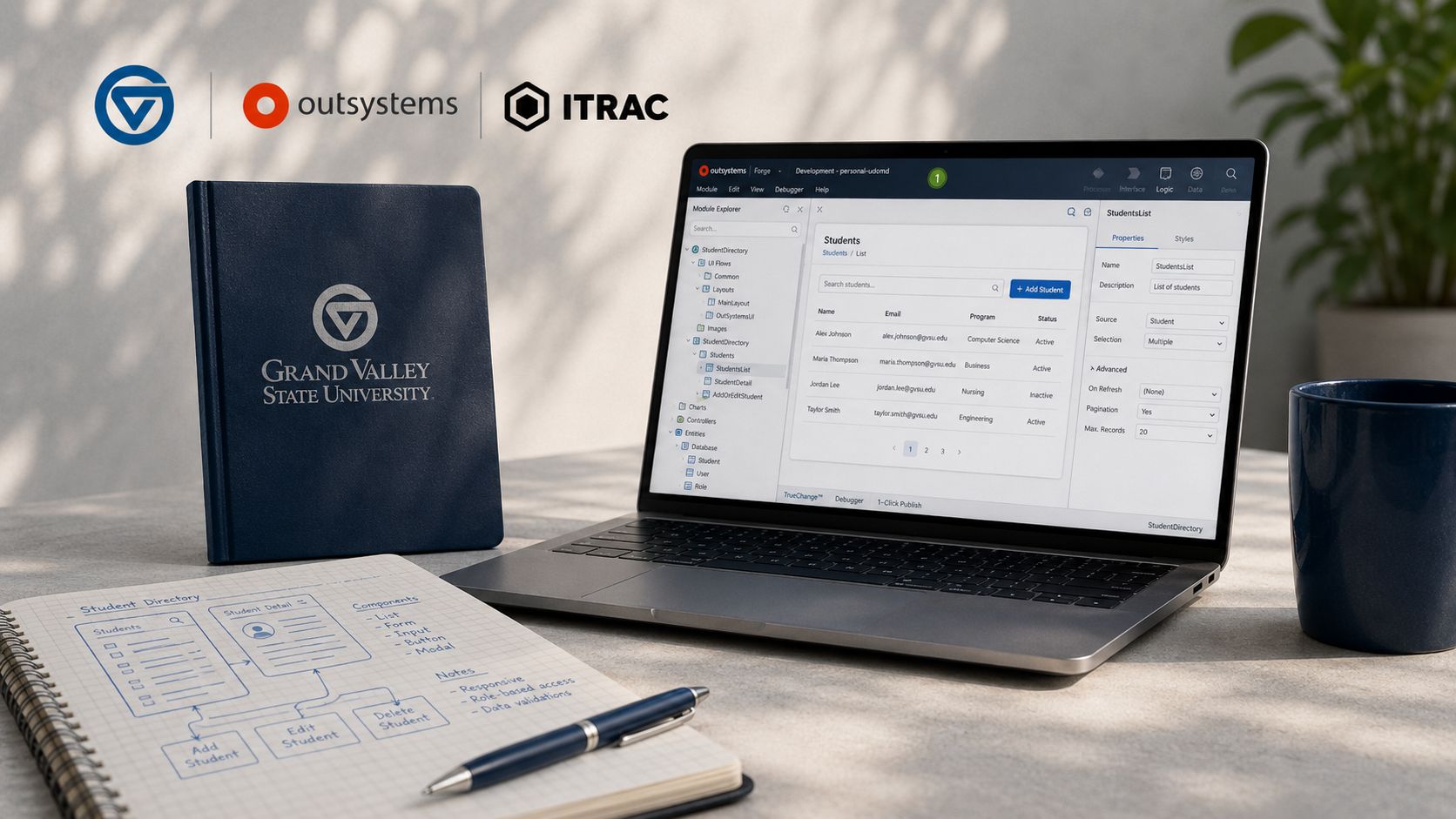 A laptop showing an OutSystems student directory application beside a Grand Valley State University notebook and a hand-drawn screen flow, under the GVSU, OutSystems, and ITRAC marks.