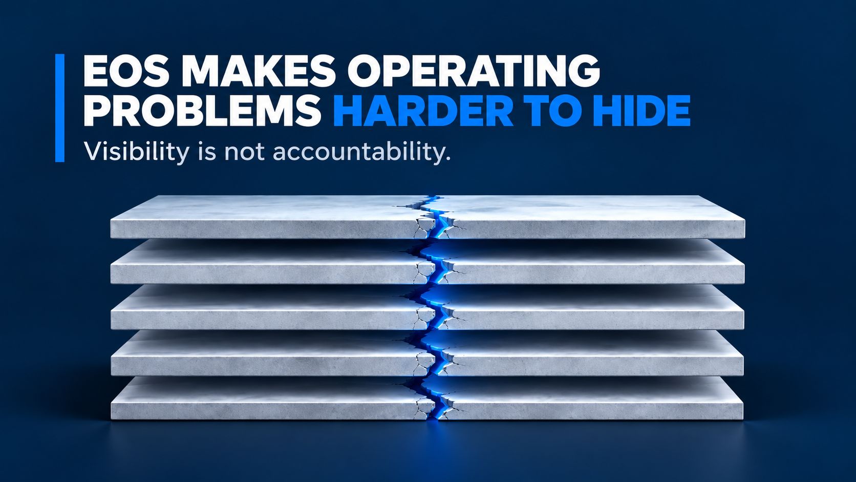 Five stacked concrete slabs split by a jagged blue crack running through every layer, on a navy ground, with the words EOS makes operating problems harder to hide and visibility is not accountability.